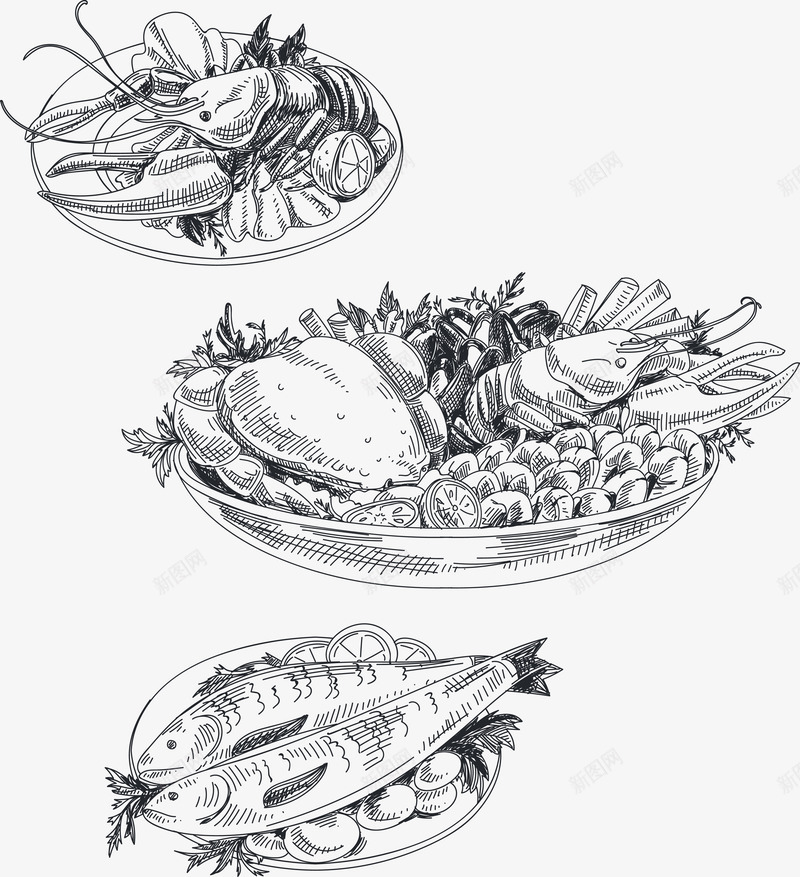 手绘插画海鲜png免抠素材_新图网 https://ixintu.com 大龙虾 海鲜自助 烤鱼 矢量源文件 自助海鲜 螃蟹