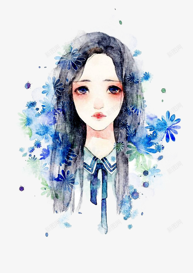 手绘女孩png免抠素材_新图网 https://ixintu.com 墨迹 少女 插画 水彩 花朵 领带 领结
