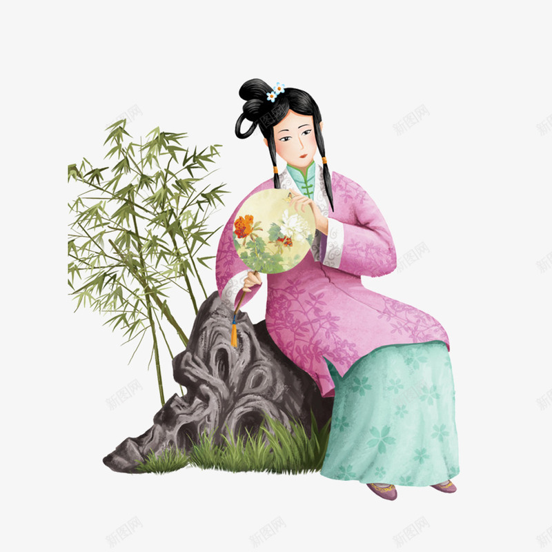 卡通林黛玉png免抠素材_新图网 https://ixintu.com 假山 儿童 卡通 插画 林黛玉 竹子 红楼梦 红楼梦林黛玉 金陵十二钗