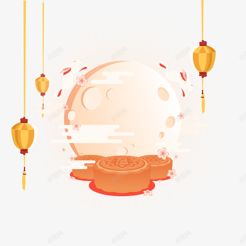 中秋节png免抠素材_新图网 https://ixintu.com 中国传统节日 古风中秋节 古风明月 古风桃树 古风灯笼 水彩桃树枝 粉色桃花插画