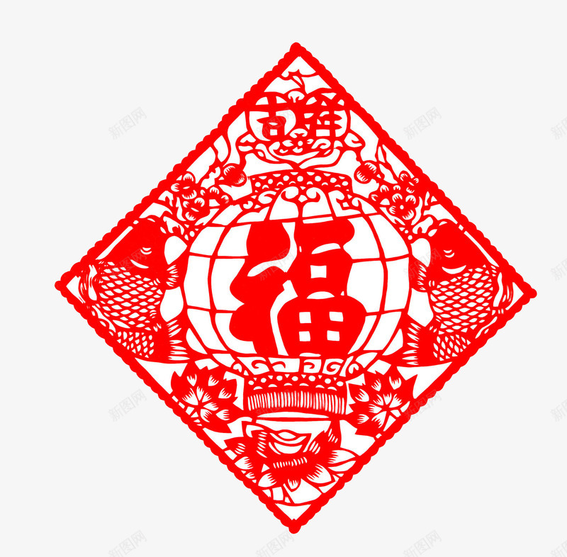 中国风红色福窗花png免抠素材_新图网 https://ixintu.com 卡通手绘 喜庆 水彩 福 窗花 红色 艺术字 鱼