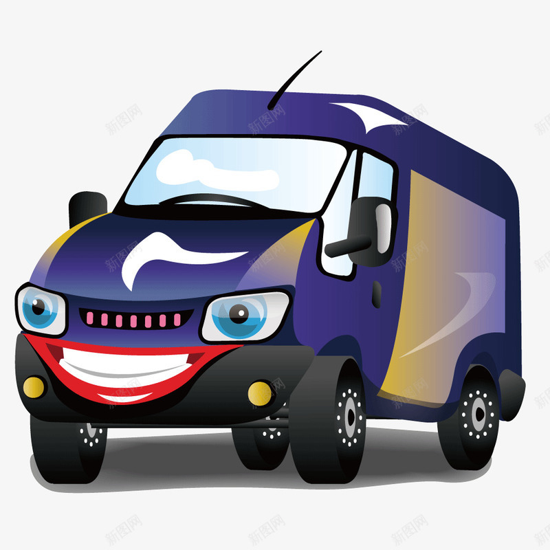 卡通蓝色面包车png免抠素材_新图网 https://ixintu.com 卡通面包车 矢量可爱面包车 矢量蓝色面包车 笑脸卡通面包车