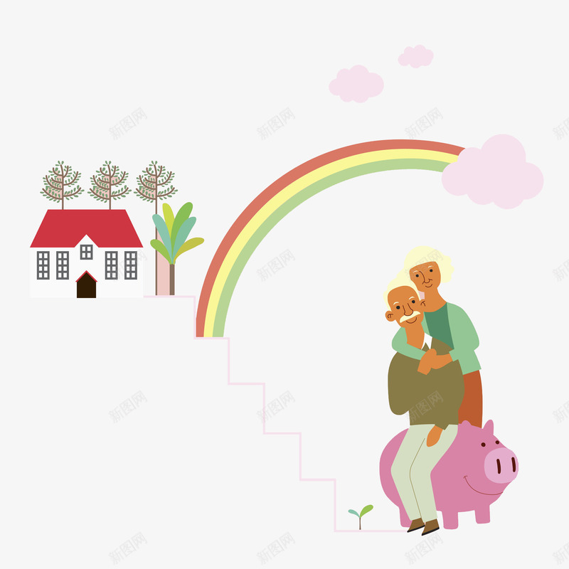 一对幸福老人坐在猪上png免抠素材_新图网 https://ixintu.com 创意 卡通 可爱 幸福 彩虹 手绘 白发 老人