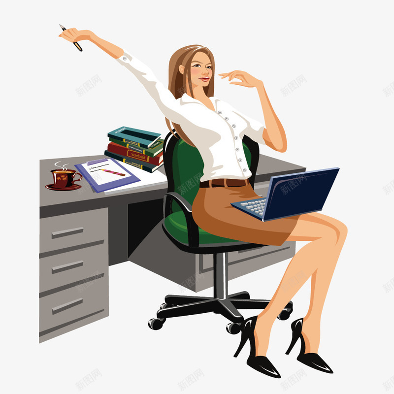办公桌伸手臂的女白领矢量图ai免抠素材_新图网 https://ixintu.com 工作 工作环境 服装 矢量图