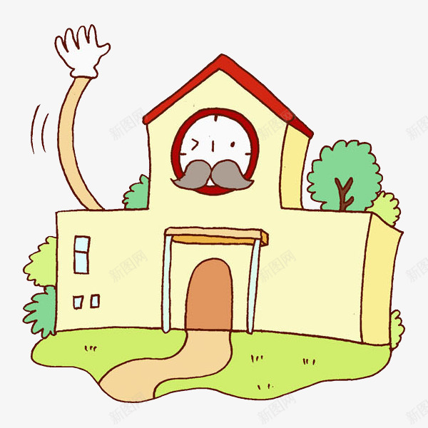 手绘学校png免抠素材_新图网 https://ixintu.com 卡通 可爱的 学校 小路 挥手的 插图 时钟 装饰