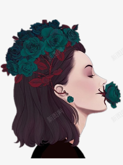 嘴叼绿色玫瑰的女生png免抠素材_新图网 https://ixintu.com 插画 文艺 背景 花的种类 颜色
