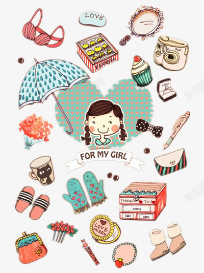 女生用品png免抠素材_新图网 https://ixintu.com 巧克力 手套 比基尼 甜点 遮阳伞 钱包