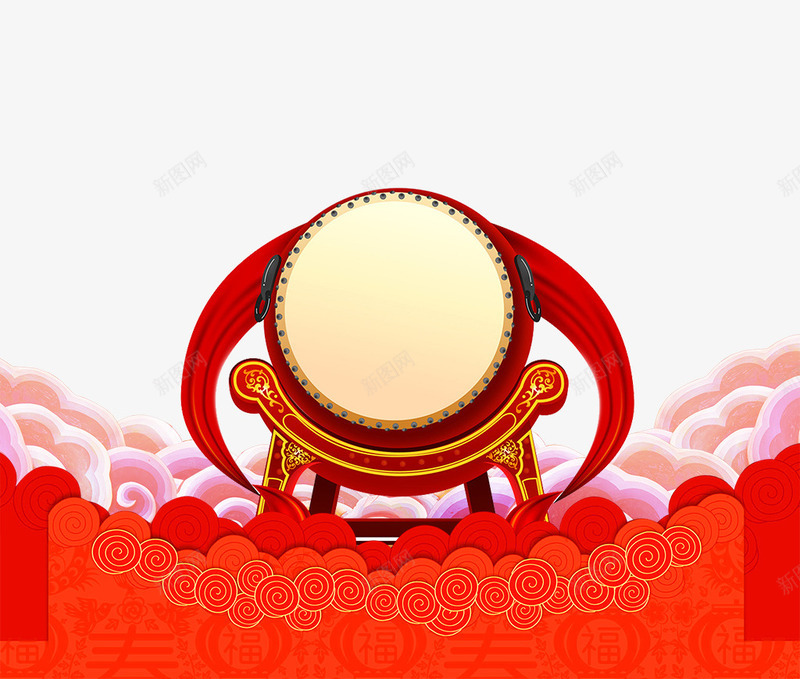 红色立体新年大鼓psd免抠素材_新图网 https://ixintu.com 打鼓 新年 气氛 海报设计 祥云 立体 红色 鼓