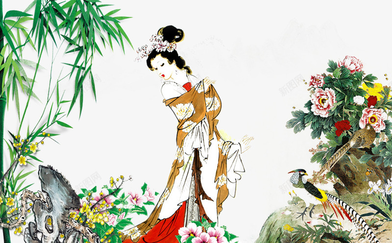 古代美人png免抠素材_新图网 https://ixintu.com 假山 竹子 美女 花 鸟