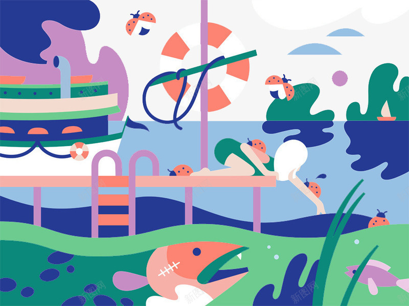 扁平创意海边度假png免抠素材_新图网 https://ixintu.com 创意设计 卡通设计 扁平创意图