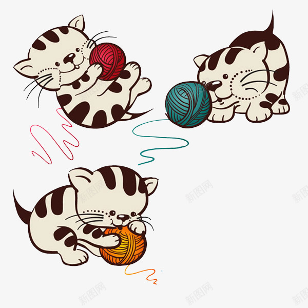 小猫咪玩线团png免抠素材_新图网 https://ixintu.com 可爱 红线团 蓝线团 黄线团