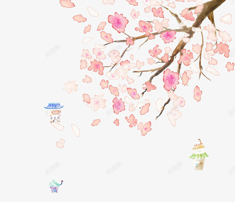 手绘唯美花枝psd免抠素材_新图网 https://ixintu.com 卡通房子 唯美 墨点 墨迹 插画 水彩 粉色 绘画 花卉 花朵 花枝 花瓣
