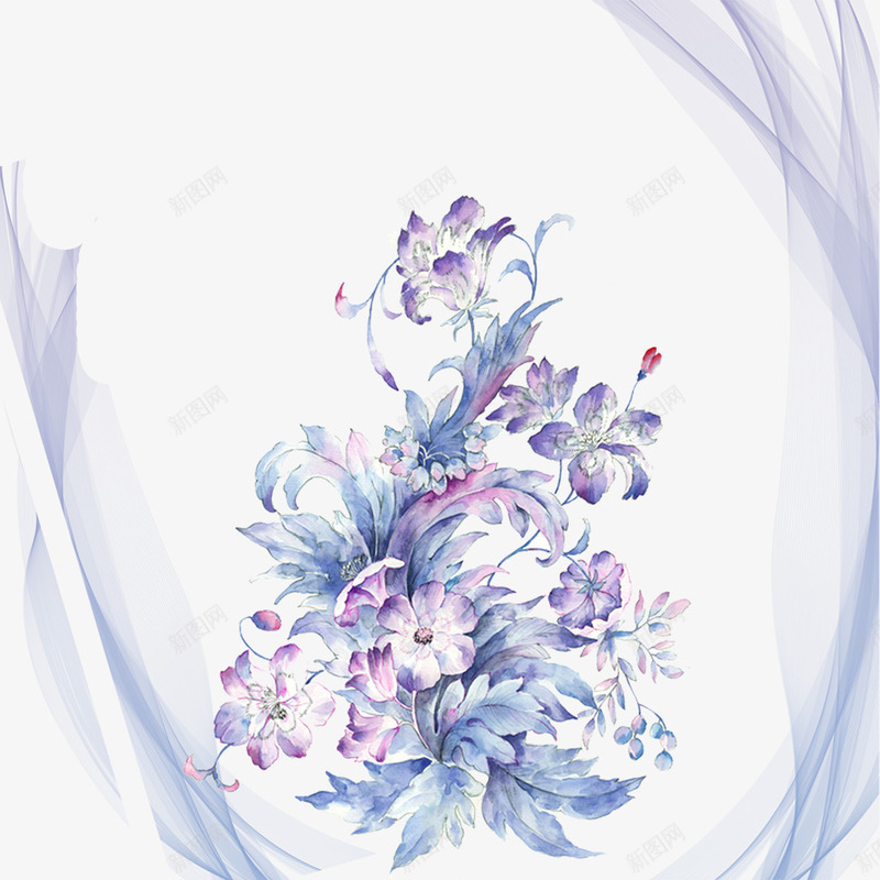 蓝紫色浪漫花藤手绘psd免抠素材_新图网 https://ixintu.com 卡通手绘 情人节 浪漫花藤 紫色花卉 美容装饰 蝴蝶花藤 透明飘带