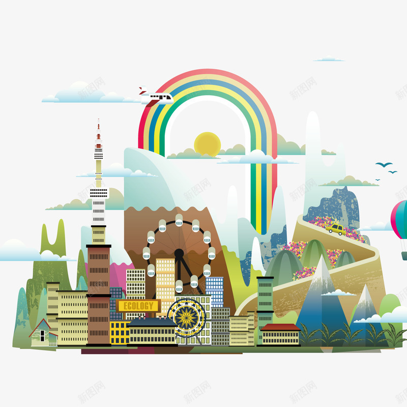 美丽的城市背景png免抠素材_新图网 https://ixintu.com 城市 彩虹 摩天轮 美丽