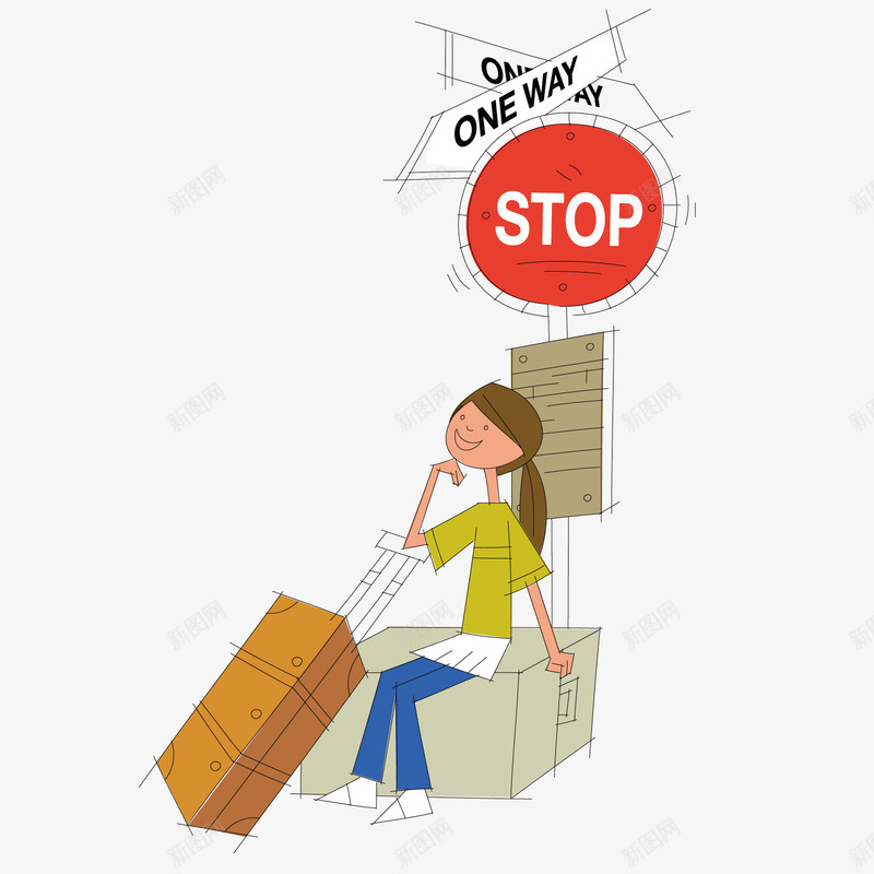 提行李箱等车女孩矢量图ai免抠素材_新图网 https://ixintu.com 女孩 旅行 行李箱 车站 矢量图