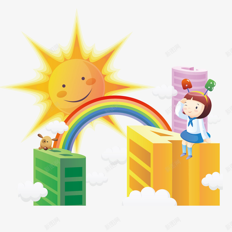楼顶上的女孩矢量图ai免抠素材_新图网 https://ixintu.com 太阳 女孩 彩虹 楼顶 矢量图