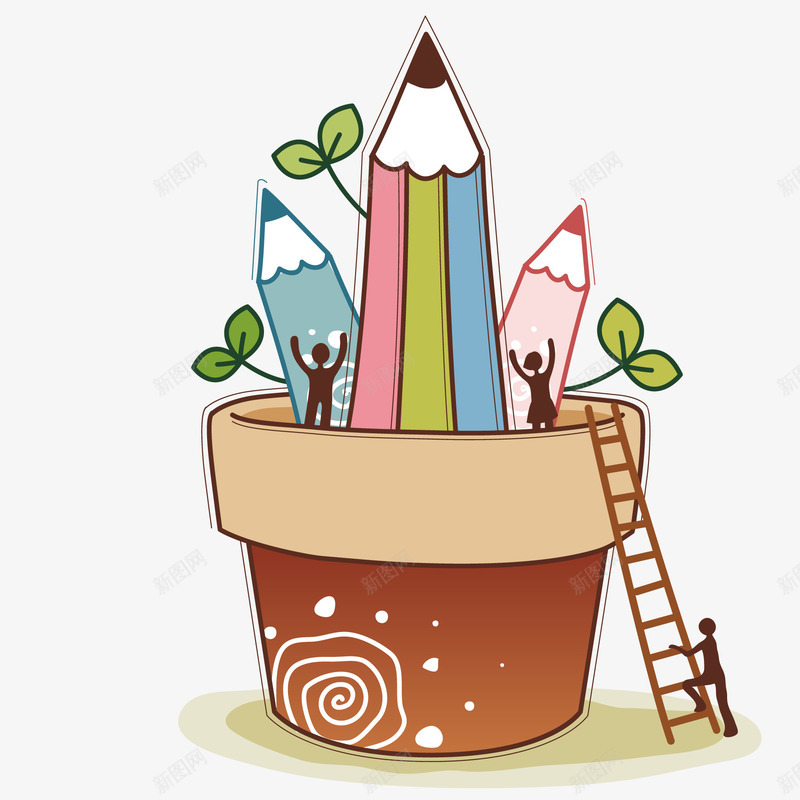 卡通创意学校插画矢量图ai免抠素材_新图网 https://ixintu.com 天猫校园季 彩色 手绘 插画设计 盆栽 矢量图 铅笔 铅笔拟人