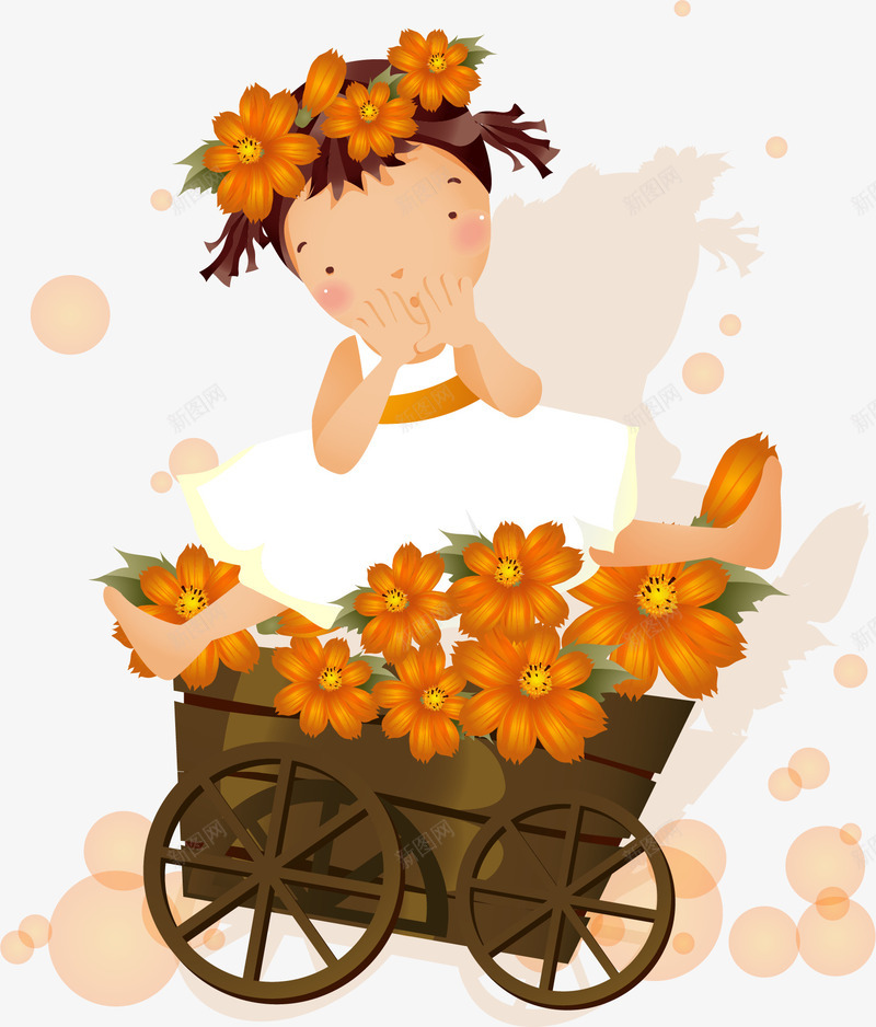 手绘花车上的小女孩png免抠素材_新图网 https://ixintu.com 小女孩 手绘 秋季 花车