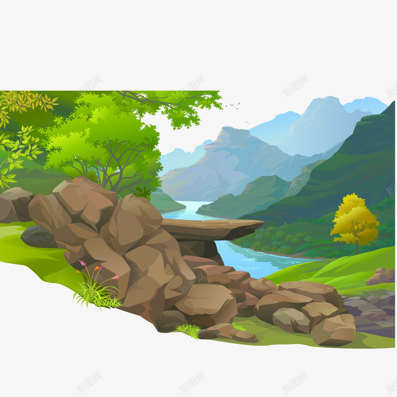 山水河流美景png免抠素材_新图网 https://ixintu.com png图 卡通插画 小河流 山 山水河流 树 水彩河流 矢量ai 矢量插画 石头 风景