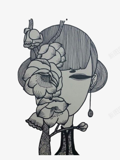 灰色调忧郁气质女生png免抠素材_新图网 https://ixintu.com 气质 素材 花朵 铅笔画