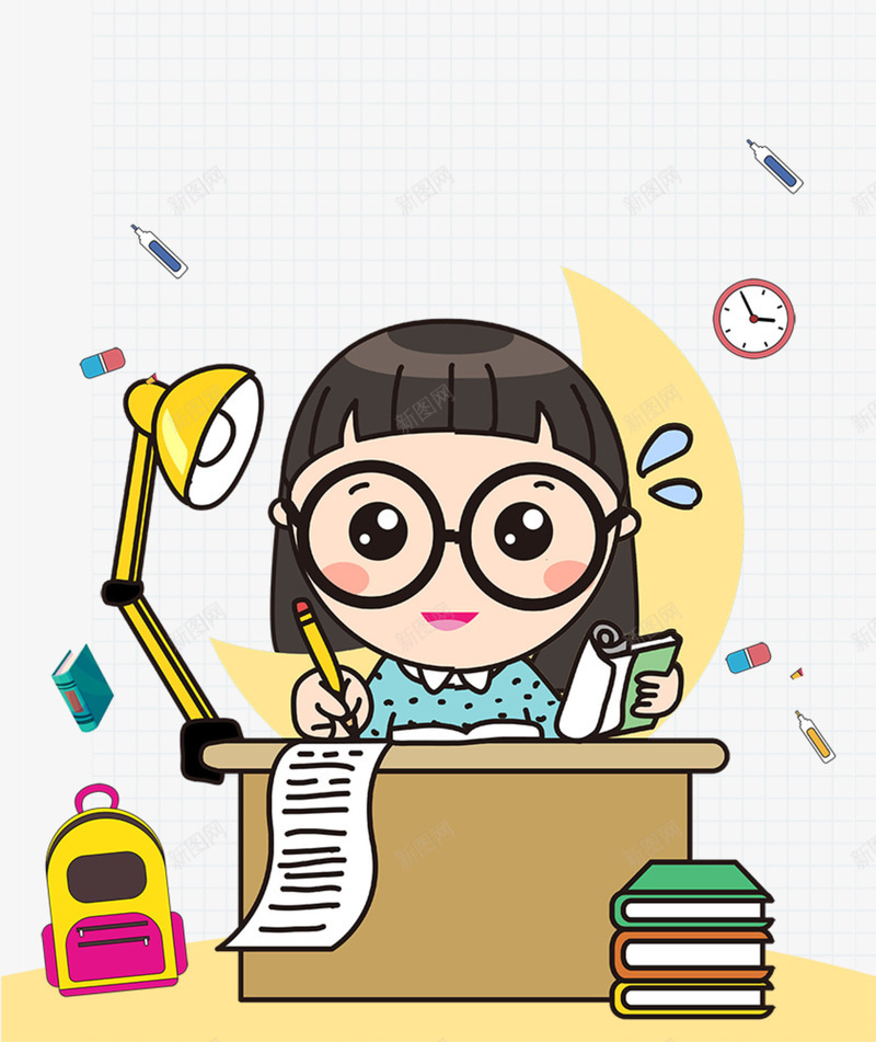 学习的女孩png免抠素材_新图网 https://ixintu.com 书本 书桌 台灯 女孩 女生 学习 学生 挑灯夜战 时钟 课本