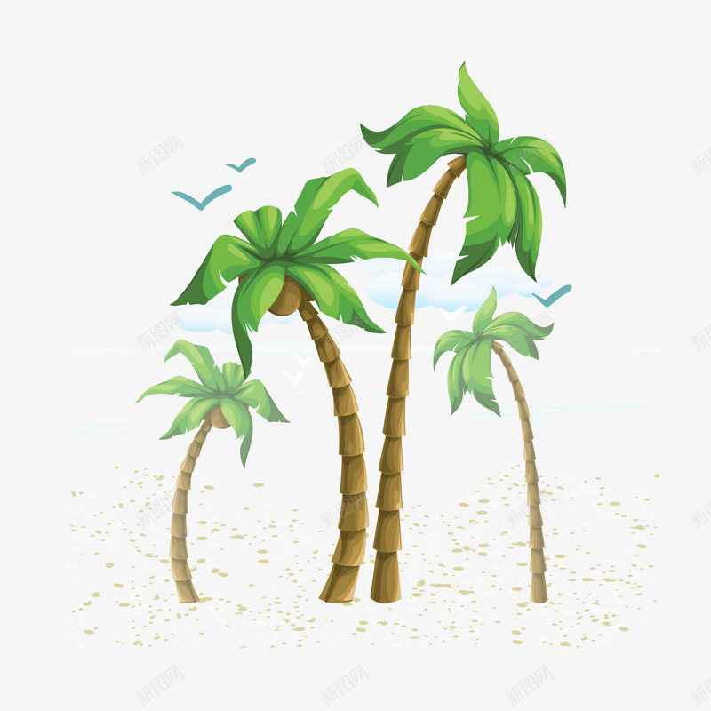 卡通椰树沙滩插画png免抠素材_新图网 https://ixintu.com 卡通椰树 卡通海滩风景 卡通风景插画 夏季背景 夏日背景 底纹边框 椰树插画 沙滩风景