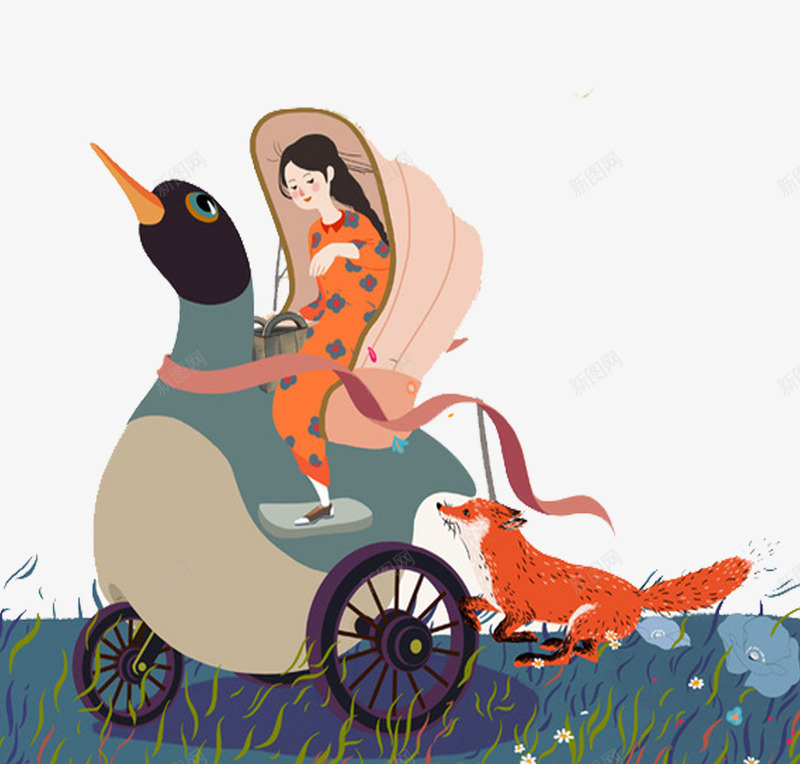 骑动物的小女孩png免抠素材_新图网 https://ixintu.com 丝带 小女孩 插画免费PNG下载 春分透明PNG素材 狐狸 草坪 车轮