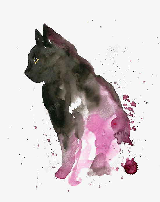 黑猫png免抠素材_新图网 https://ixintu.com 卡通 喷溅 手绘 插画 文艺 水彩 清新 黑猫