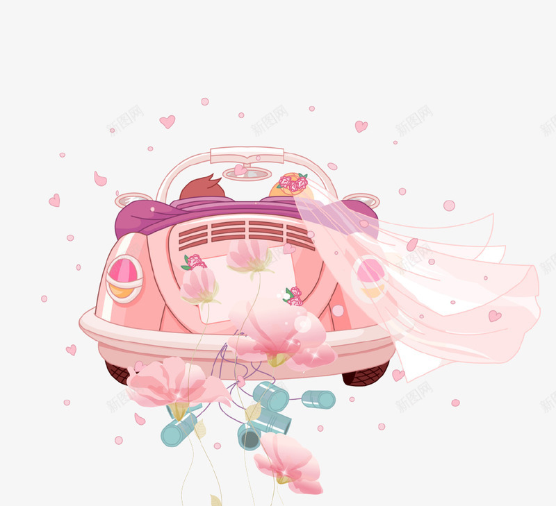 卡通手绘创意婚车插画psd免抠素材_新图网 https://ixintu.com 创意 卡通手绘 婚礼 婚车 插画 结婚 花朵 装饰