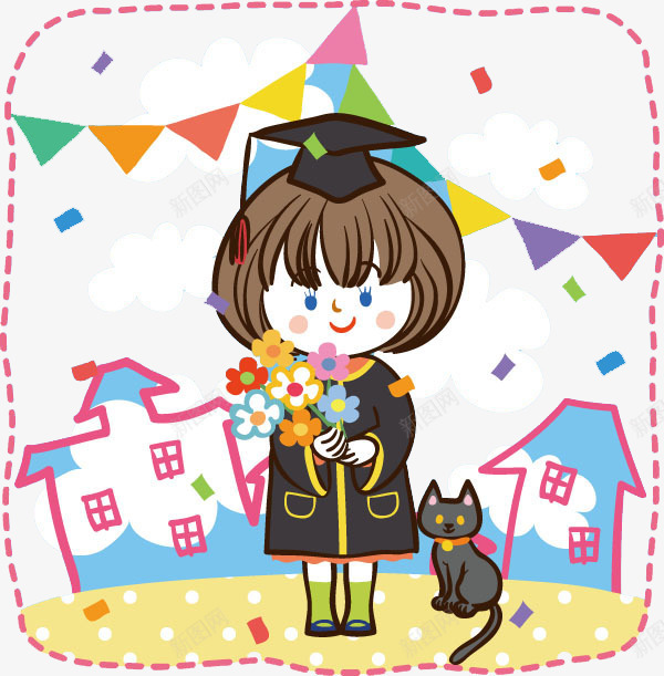 卡通手绘简易画学士帽png免抠素材_新图网 https://ixintu.com 学士帽 小猫 平面装饰 简笔画