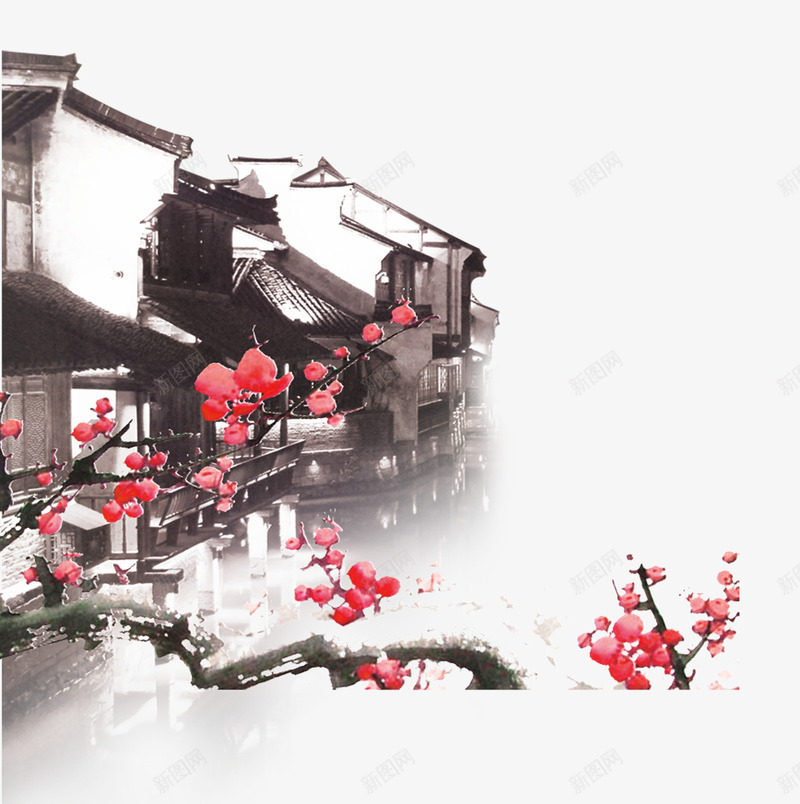 手绘江南小镇插画png免抠素材_新图网 https://ixintu.com 手绘 手绘城市 手绘素材 梅花 江南小镇
