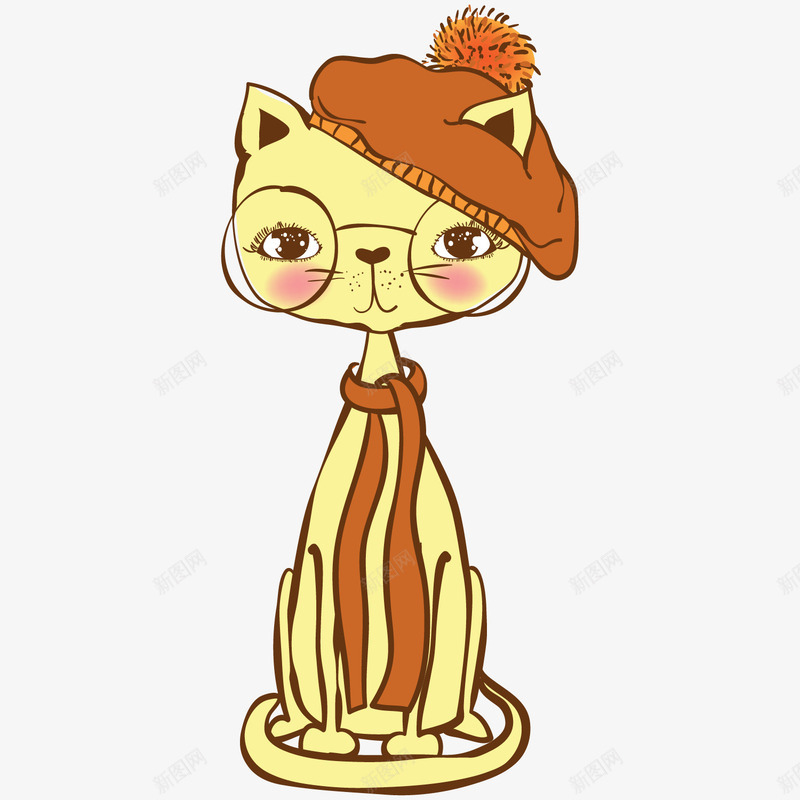 卡通坐着的黄色小猫png免抠素材_新图网 https://ixintu.com 动物 卡通小猫 可爱猫咪 小猫 帽子围巾 手绘猫咪 蝴蝶结 黄色