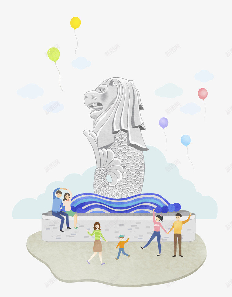 新加坡鱼尾狮手绘插画png免抠素材_新图网 https://ixintu.com 亚洲 地标 家庭游客 我的家人 手绘插画 新加坡 新加坡鱼尾狮手绘插画 旅游 气球 鱼尾狮