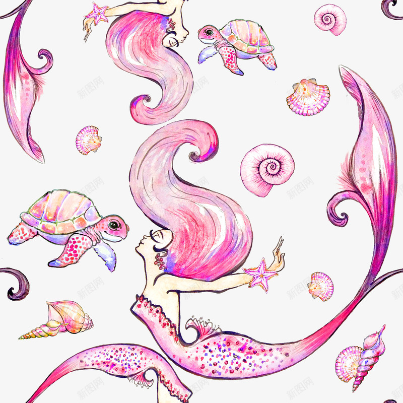 唯美水彩美人鱼插画png免抠素材_新图网 https://ixintu.com 手绘插画 手绘海洋插画 海洋插画 海螺海龟插画素材 粉色海洋插画素材 美人鱼插画 美人鱼水彩插画素材