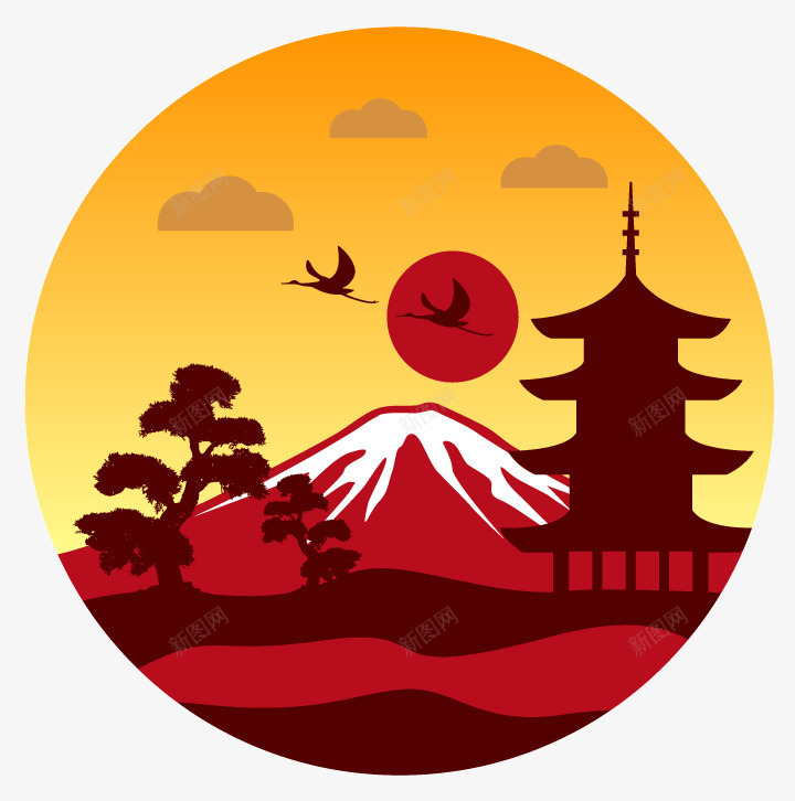 日本风景插画png免抠素材_新图网 https://ixintu.com 仙鹤松树塔富士山太阳风景插画 美丽的富士山