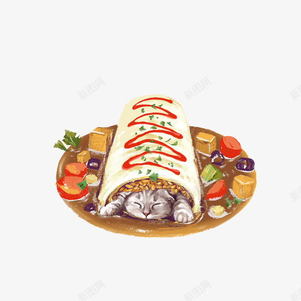 卡通小猫肉卷png免抠素材_新图网 https://ixintu.com 咖喱汤 小猫 美食 肉卷 鸡肉卷
