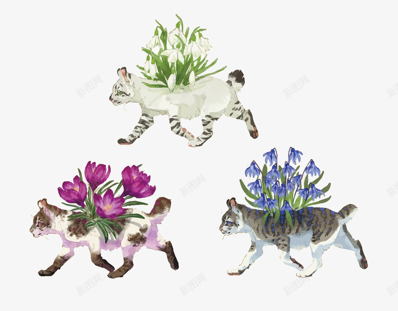 小猫和花png免抠素材_新图网 https://ixintu.com 小猫 手绘 水彩 花朵