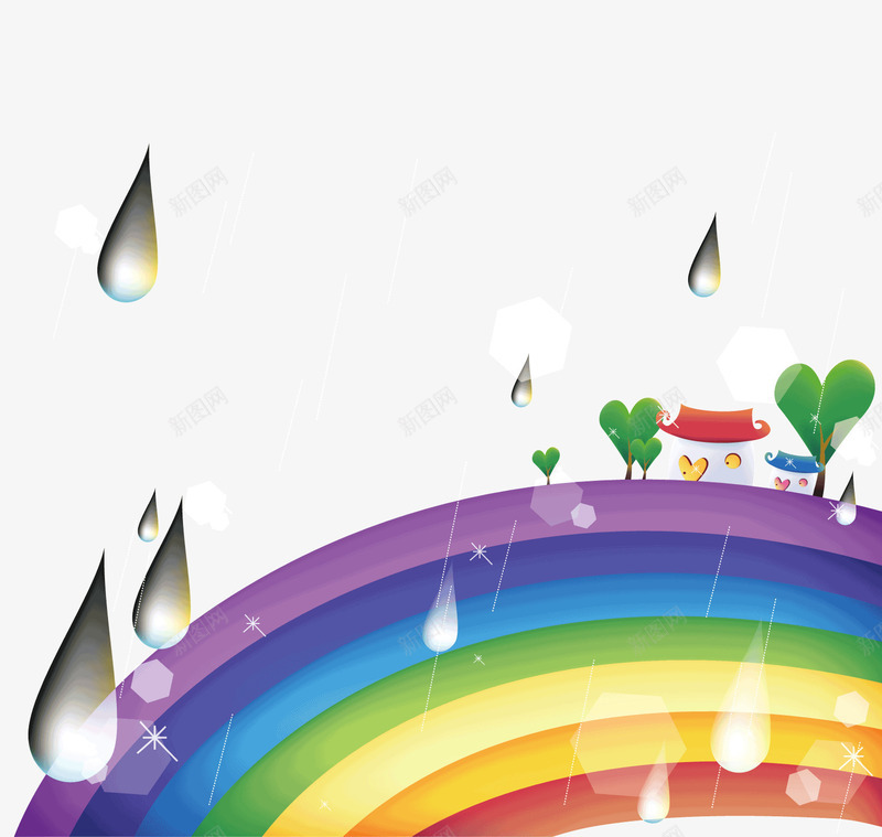 雨天彩虹png免抠素材_新图网 https://ixintu.com 下雨 下雨效果 彩虹 房子 矢量素材 雨滴