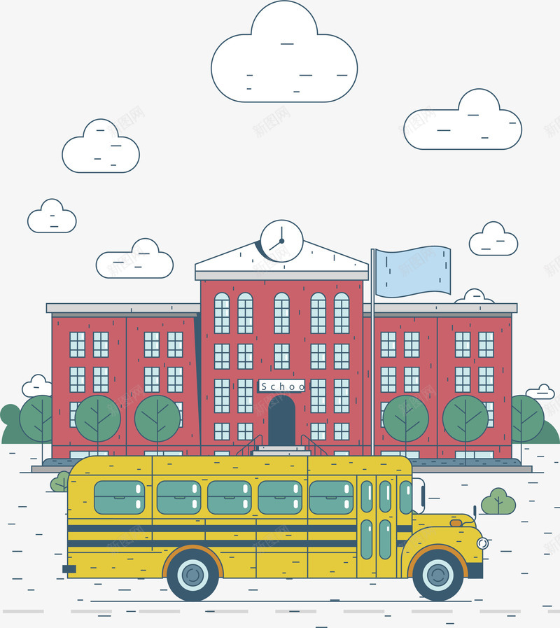 学校门口的校车png免抠素材_新图网 https://ixintu.com 学校门口 教学大楼 校车 矢量png 红色教学楼 黄色校车