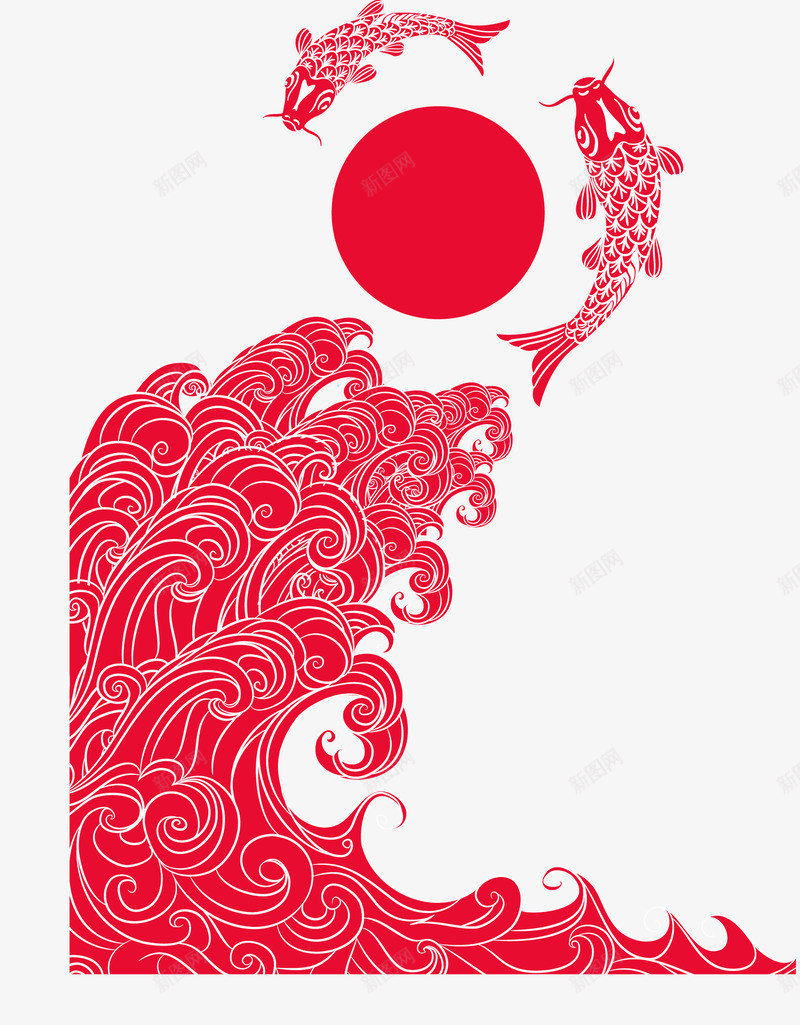 传统的日本插画png免抠素材_新图网 https://ixintu.com 传统背景 插画 日本传统 波浪 红色 背景红色 鱼儿