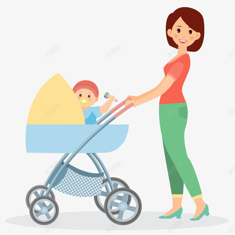 妈妈推宝宝车插画矢量图ai免抠素材_新图网 https://ixintu.com 免抠PNG 妈妈推宝宝车矢量插画 宝宝 宝宝推车 折叠车 散步 母婴 矢量图