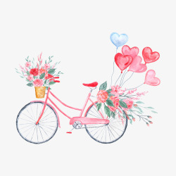 情侣元素情人节粉色水彩气球脚踏车插画高清图片