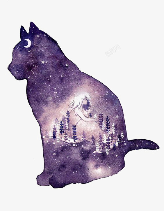 星空猫png免抠素材_新图网 https://ixintu.com 剪影 卡通 唯美 宠物 手绘 插画 星空 漫画 猫咪