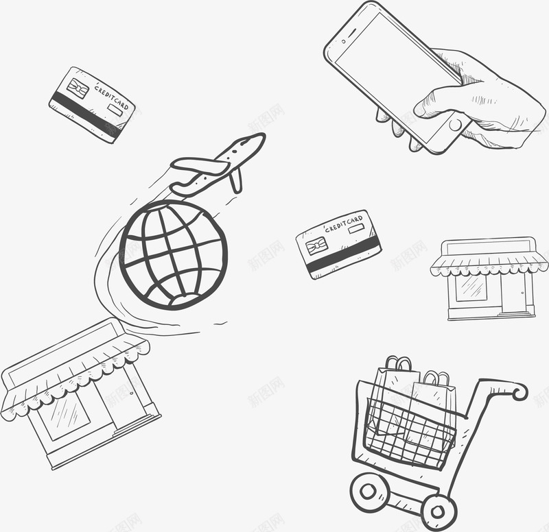 手绘卡通购物png免抠素材_新图网 https://ixintu.com 信用卡 商店 手绘 插画 涂鸦 环球旅行 线稿 购物
