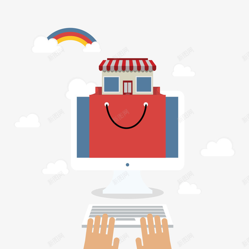 网上商店矢量图eps免抠素材_新图网 https://ixintu.com 下单 彩虹 纸袋 键盘 矢量图