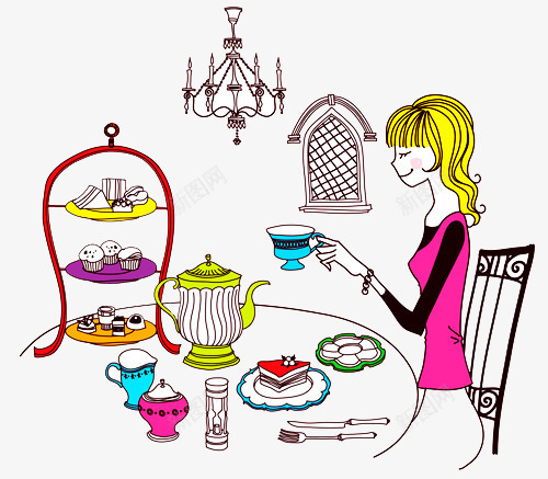 美女用餐插图png免抠素材_新图网 https://ixintu.com 杯子 椅子 水壶 糕点 绘画 美女