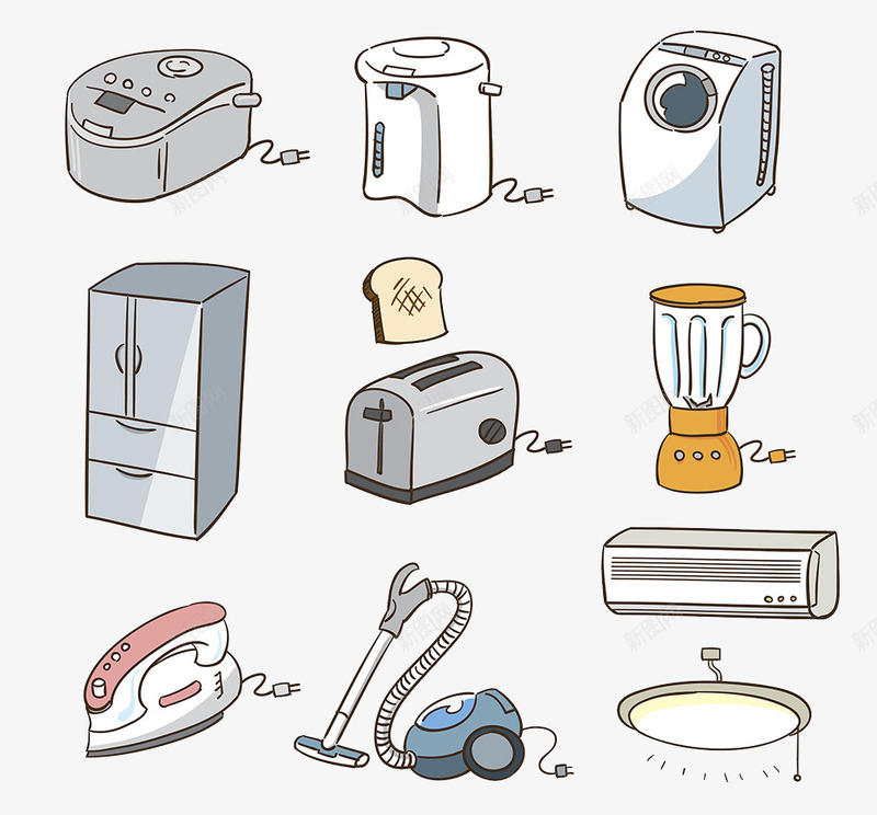 卡通插画家电集合png免抠素材_新图网 https://ixintu.com 卡通插画 厨卫电器 吸尘机 家电 榨汁机 汽车空调 烫斗 电冰箱 电饭煲 空调