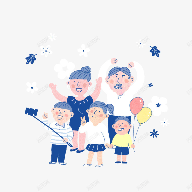 卡通出游全家自拍插画png免抠素材_新图网 https://ixintu.com 全家福 全家福照片 出游全家自拍 家庭 家庭人物形象 手绘人物 手绘家庭