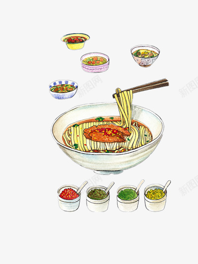 中国美食小图标png_新图网 https://ixintu.com 中国菜 夏色 插画 美味 调料 面条