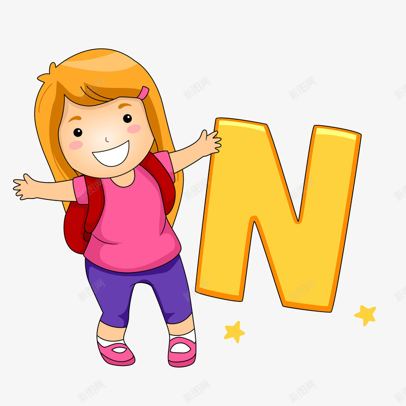 彩色粉色小女生学英语png免抠素材_新图网 https://ixintu.com 书包 头发 字母 彩色 手绘 线稿 英文 黄色